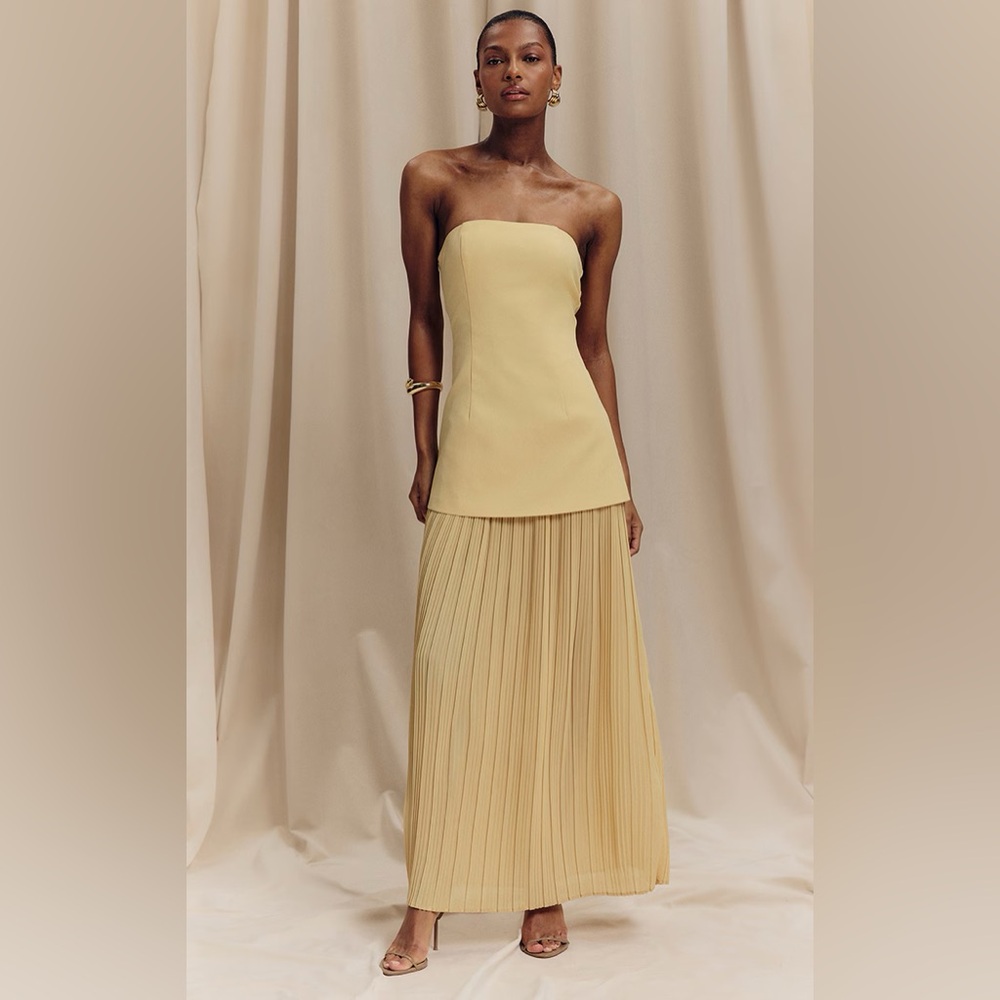 Lemon bandeau pleated chiffon skirt panel maxi dress